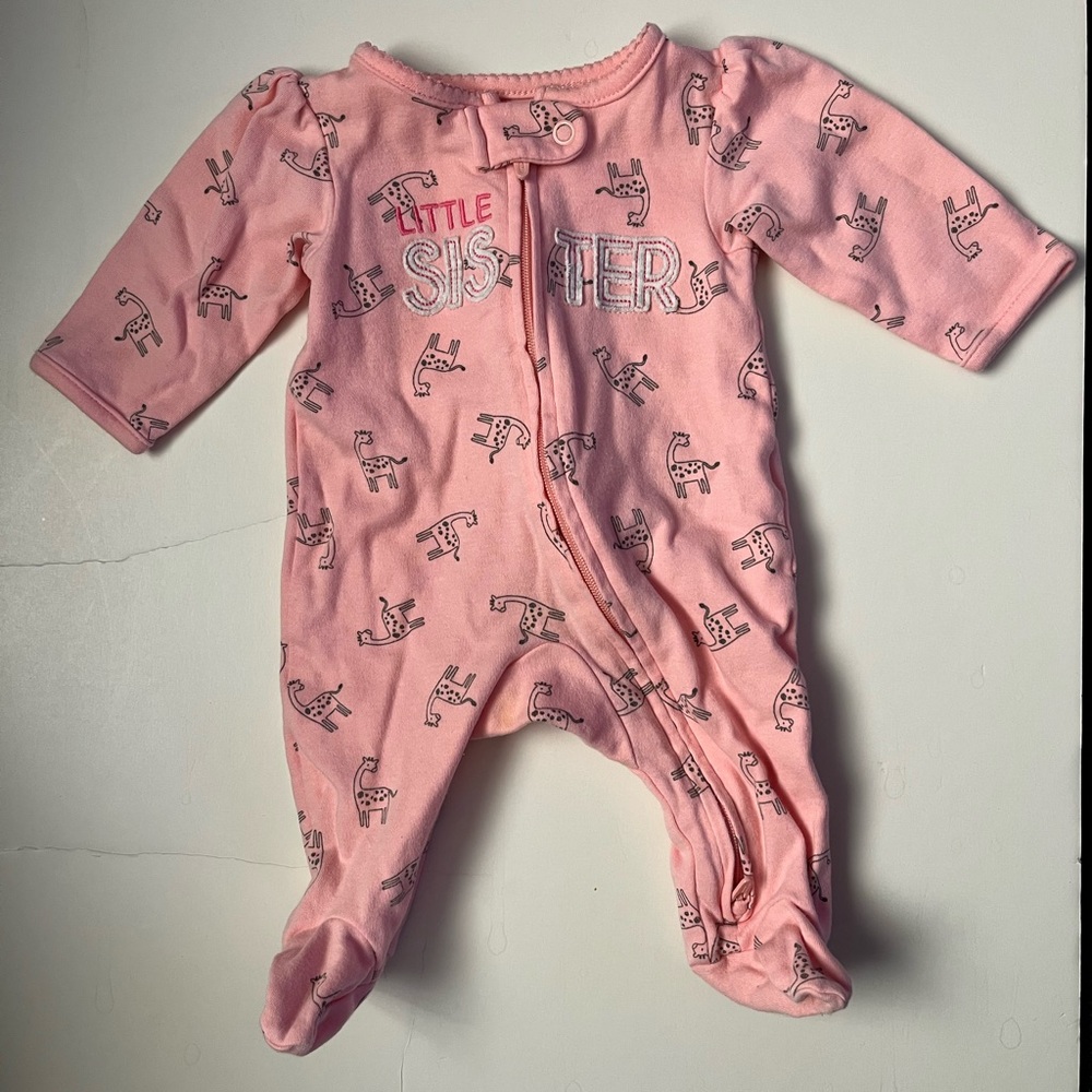 Carter’s pink Little Sister newborn 2 way zip footies